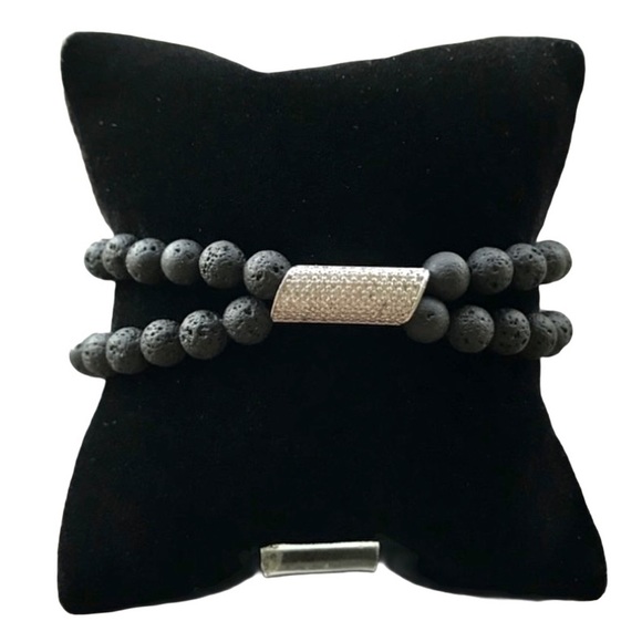 criss cross double row lava rock cz charm bracelet - Picture 1 of 8